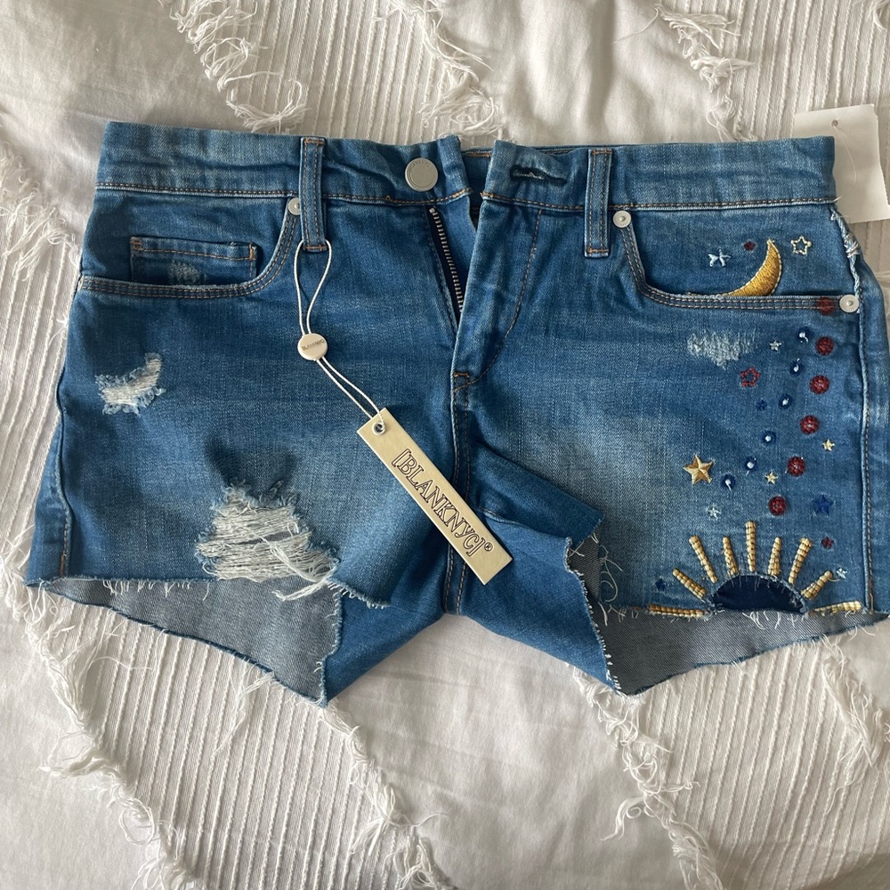 Blank NYC Blue Jean Shorts with Embroidery